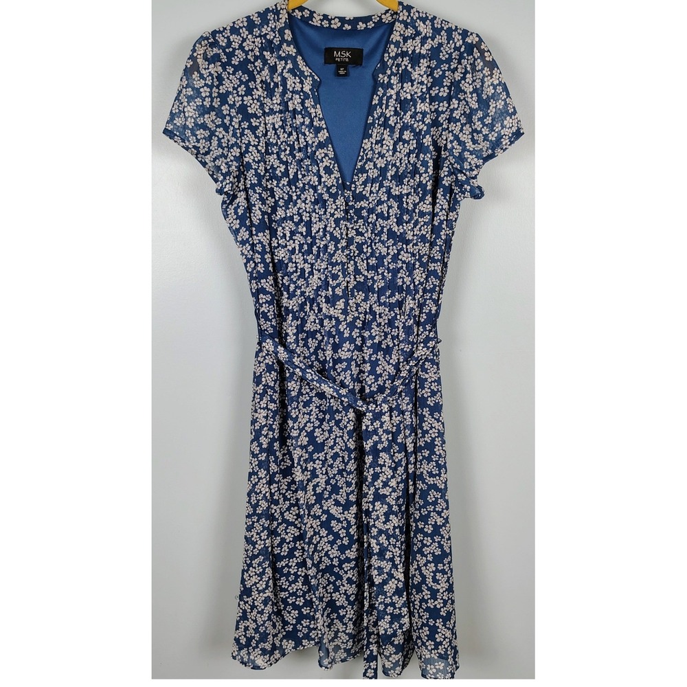 MSK Womens SZ 6P Floral Chiffon Tie Waist Dress Blue White Cottagecore Romantic
